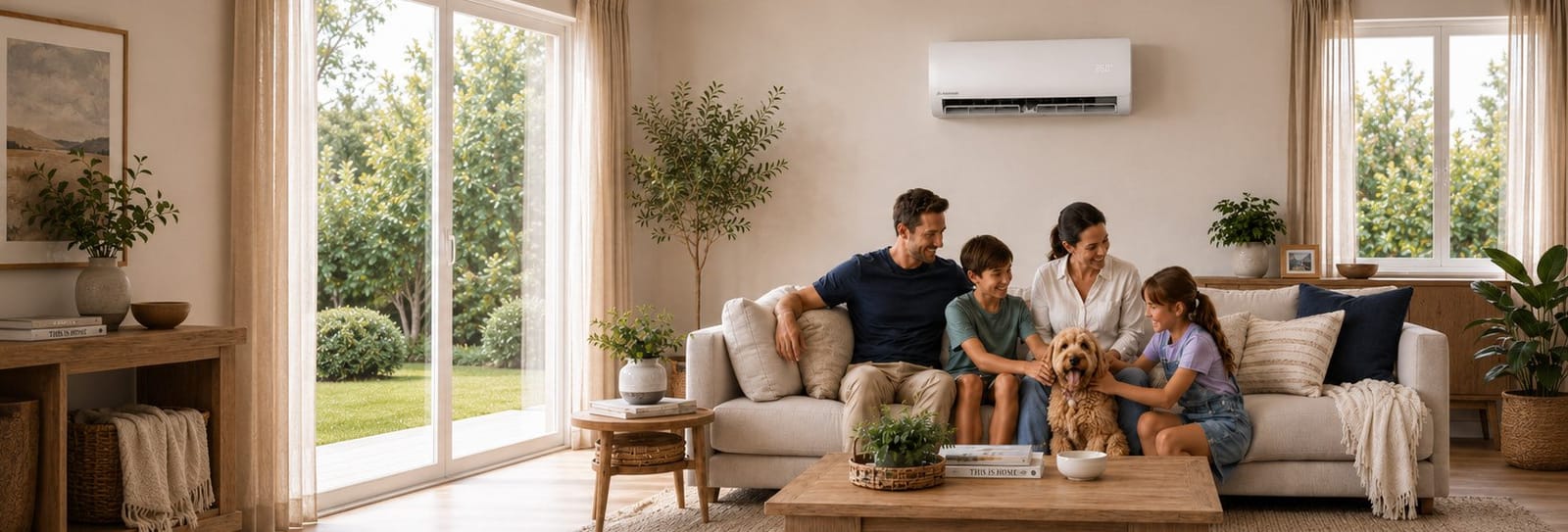 A family sitting together on a sofa in a living room with an ActronAir split system on the wall above them