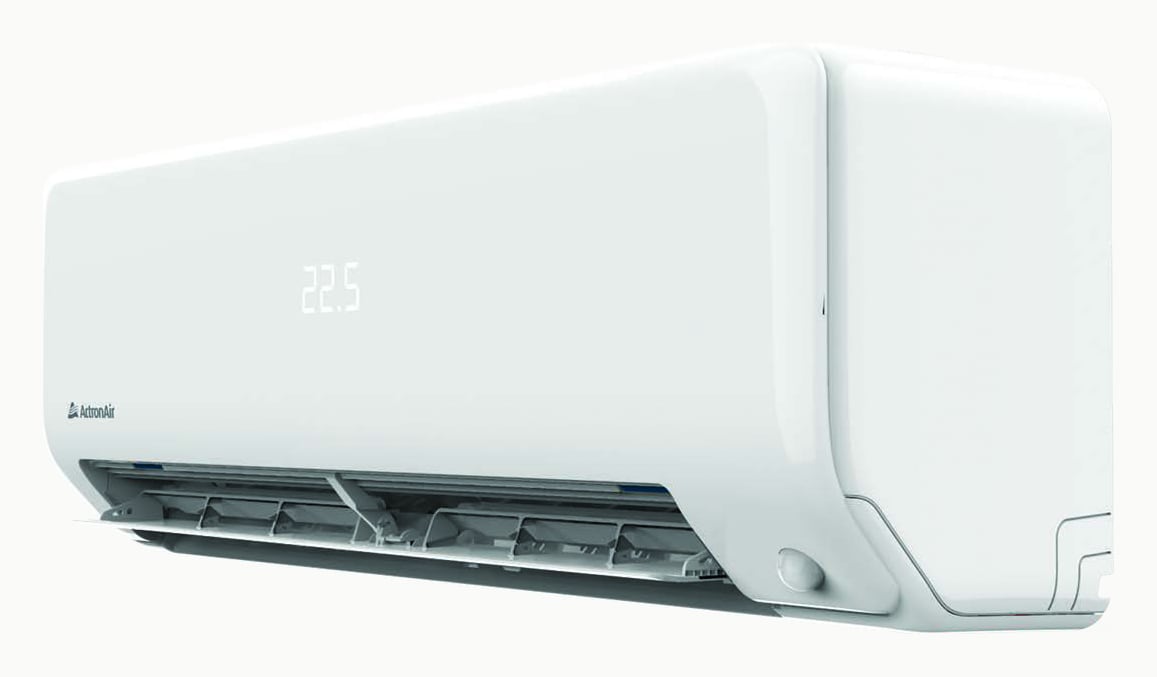 An ActronAir Serene wall-mounted indoor unit, shown at an angle with the display reading 22.5 degrees